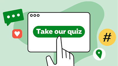 Graphic showing a person touching a screen with take our quiz written on it