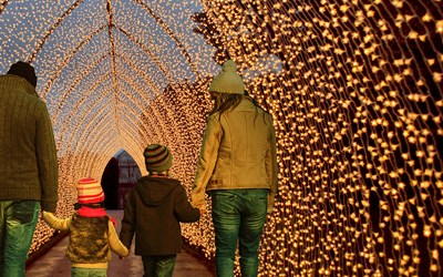 Family walking together through Christmas lights
