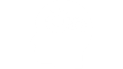 white icon of a face with cogs where the brain should be