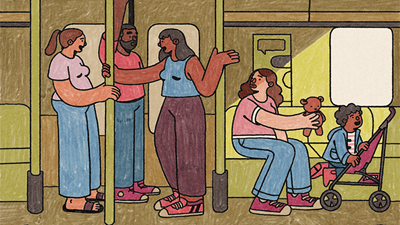 Illustration of people in an underground carriage. Three people are standing and talking. A mother is next to them with her child, holding up a teddy but looking at the three people.