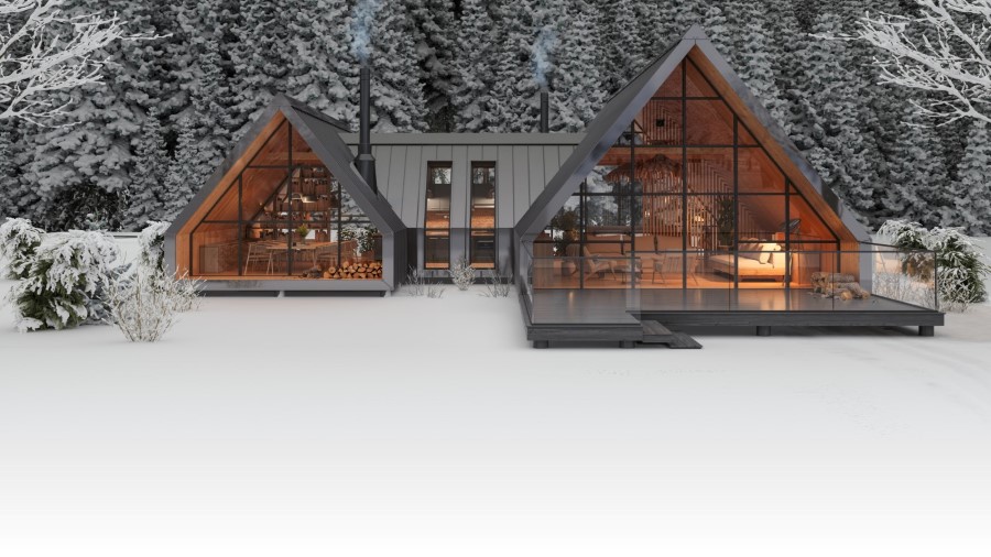 A luxury house on a snowy landscape.