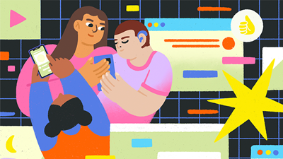 Graphic illustration showing a parent and two children looking at devices