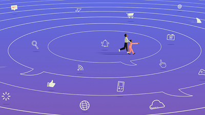 Illustration showing a tiny parent and child figure in the middle of circles of speech bubbles and digital icons