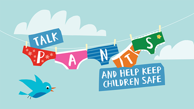 An illustration with the words Talk pants and help keep children safe. Pants are depicted hanging on a washing line.