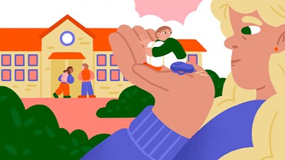 Illustration. In the foreground a parent holds a tiny child in the palm of their hand. In the background, children are walking into a school