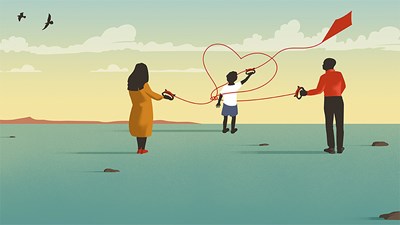 Two parents are either side of a child and they are all flying a kite. The kite string outlines the child in a heart shape., suggesting love and support
