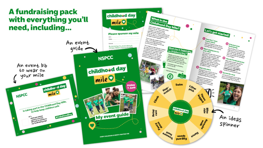 A collage image showing the NSPCC Childhood Day fundraising pack. The pack includes an event bib, an event guide, and an ideas spinner, all neatly arranged.
