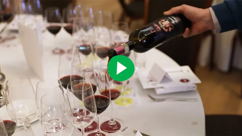 A City Fine Wine Challenge waiter pouring red wine into a glass on an attendee table. A green play logo is layered onto the centre of the image.