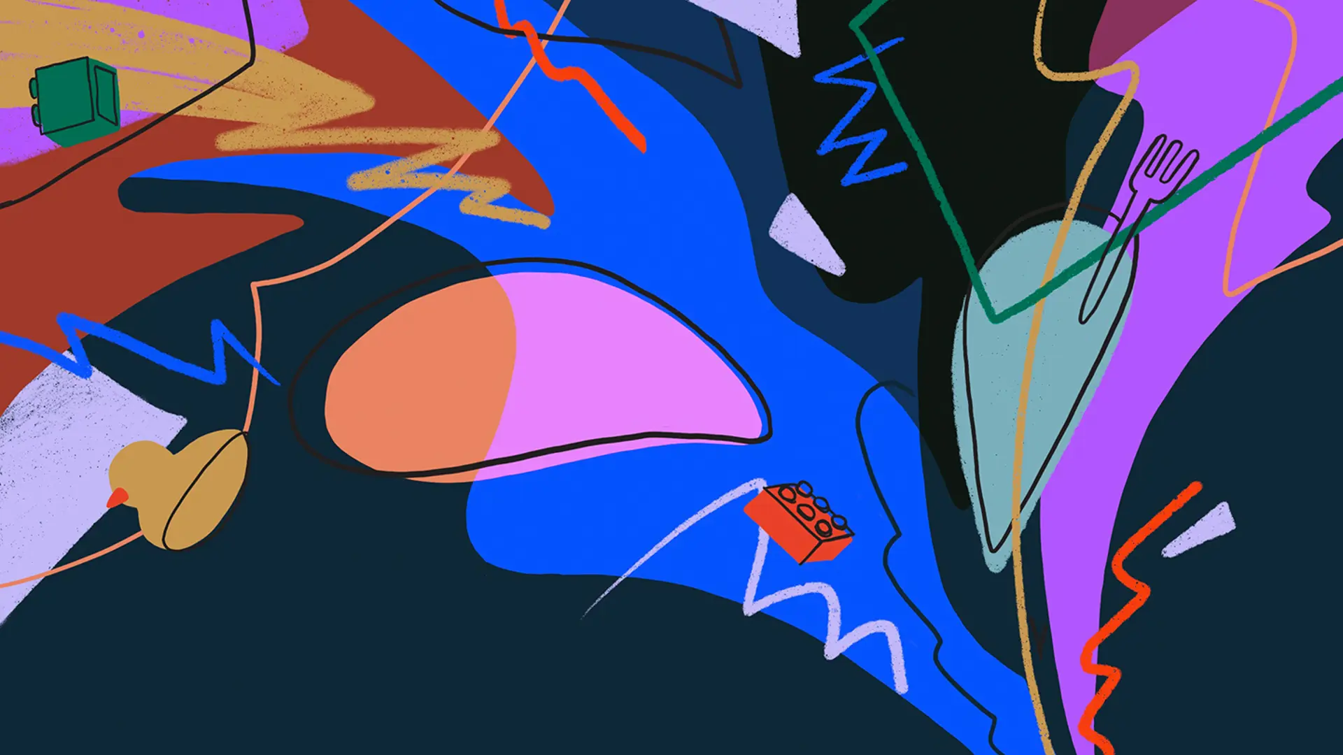 An abstract image repersenting tantrums including large splashes of bright colour and angular and squiggly lines