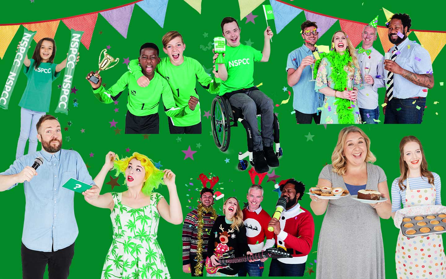 Banner image showing people raising money in different ways including sports and baking