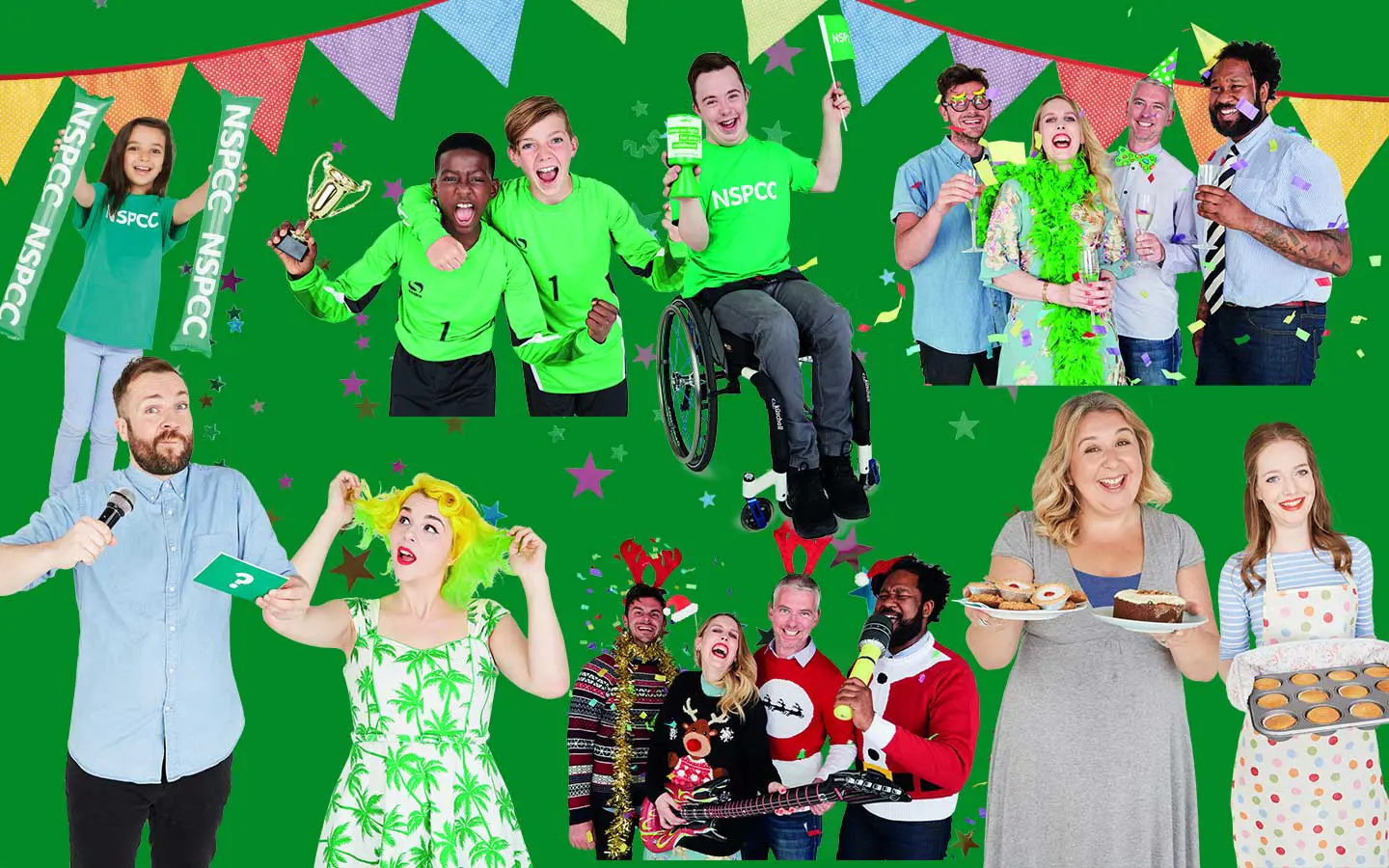 Banner image showing people raising money in different ways including sports and baking