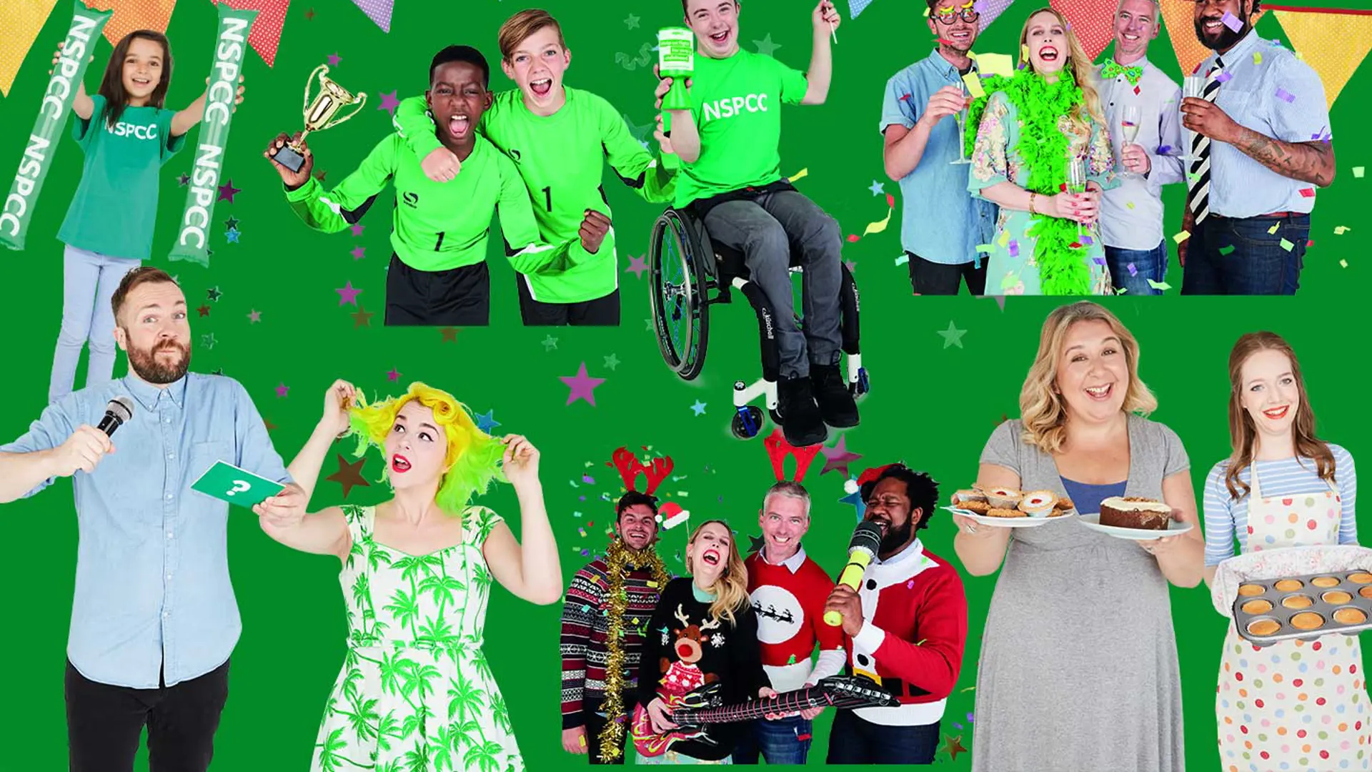 Banner image showing people raising money in different ways including sports and baking