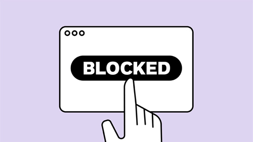 Graphic shows a finger tapping a screen with word 'blocked' on it