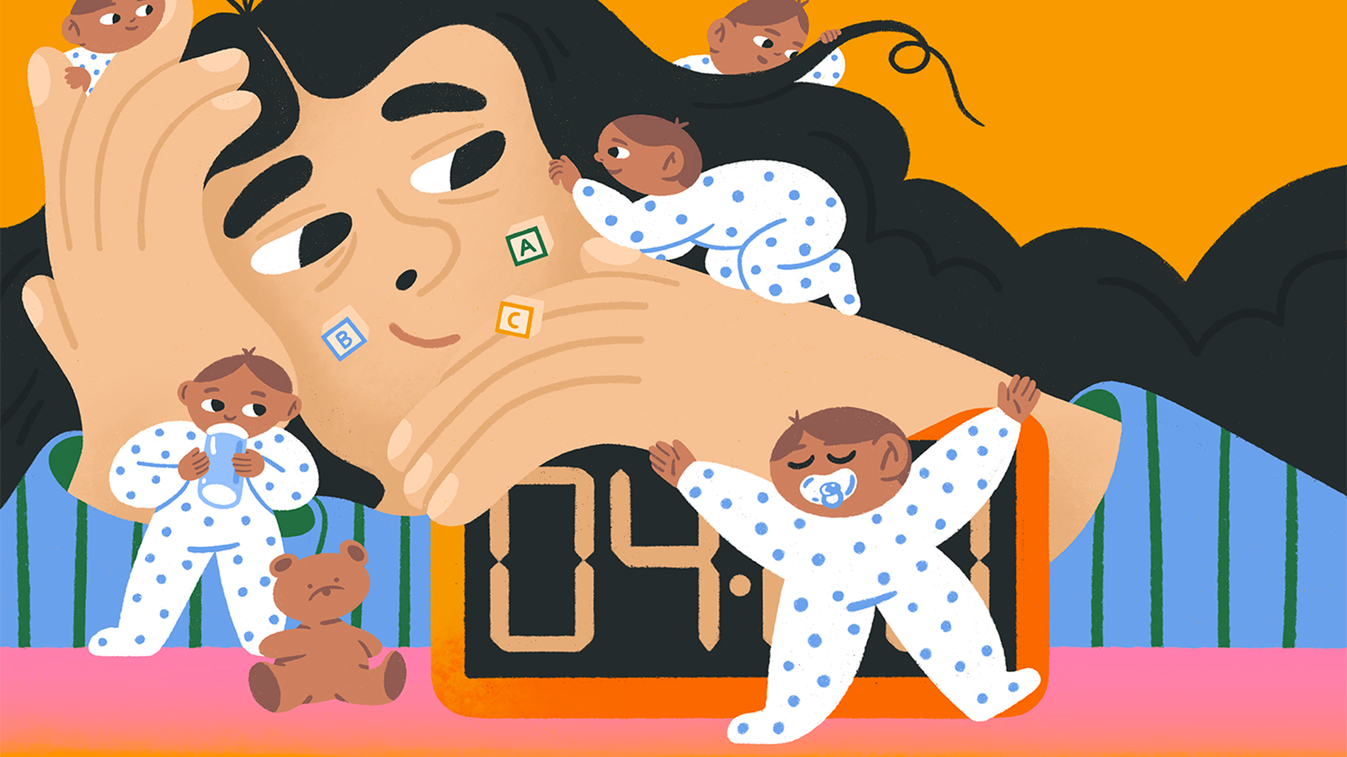 Playful illustration showing a parent with several babies climbing around them