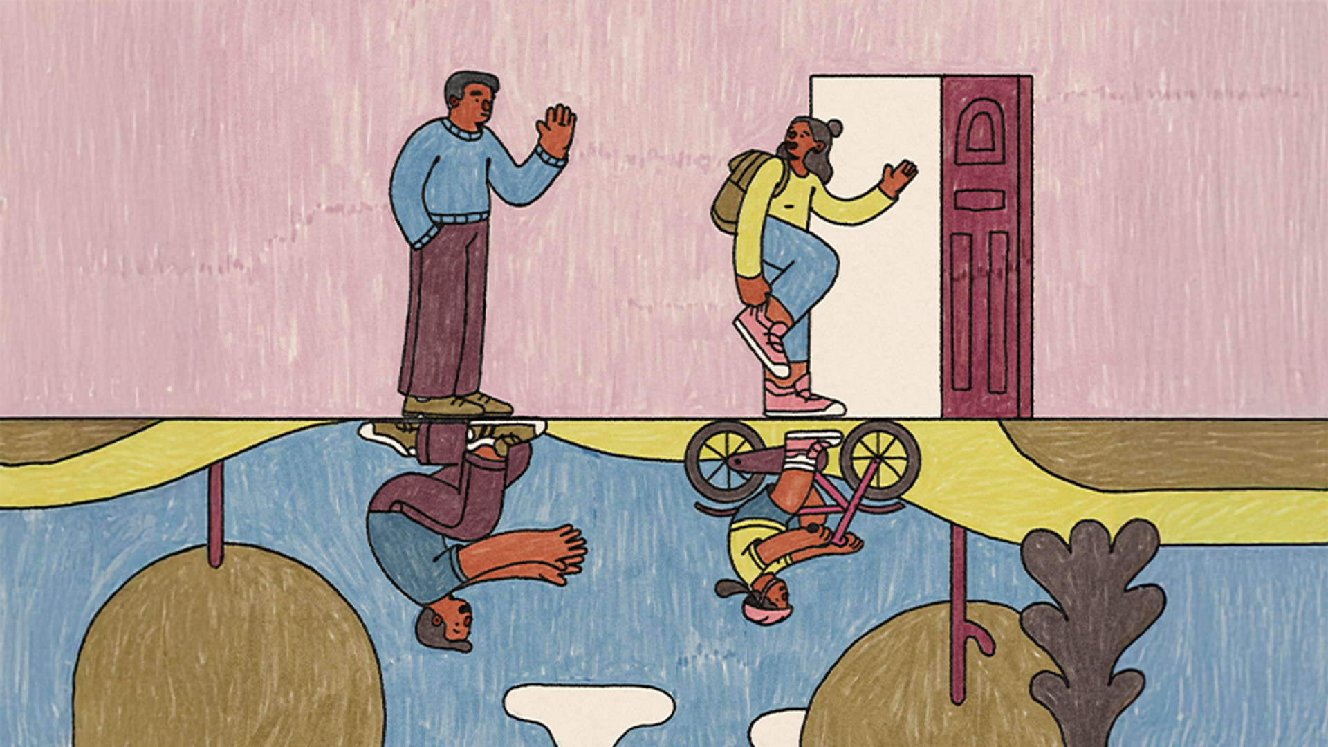 Illustration shows a parent waving goodbye to his older child as they walk out of the door. Reflected underneath is an image of the same parent and child when they were younger.