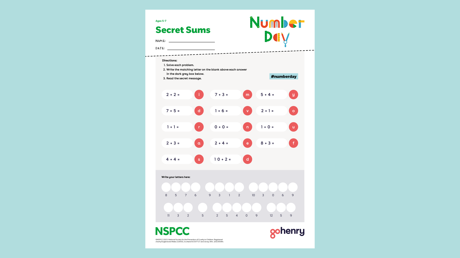 20230084 NSPCC Number Day 2024 Gohenry Secret Sums 5 7 CM AW