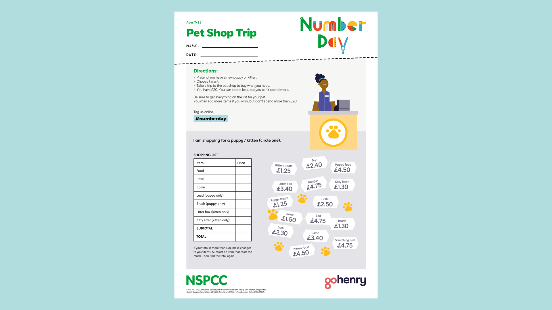 20230084 NSPCC Number Day 2023 Gohenry Pet Shop Trip 7 11 CM AW