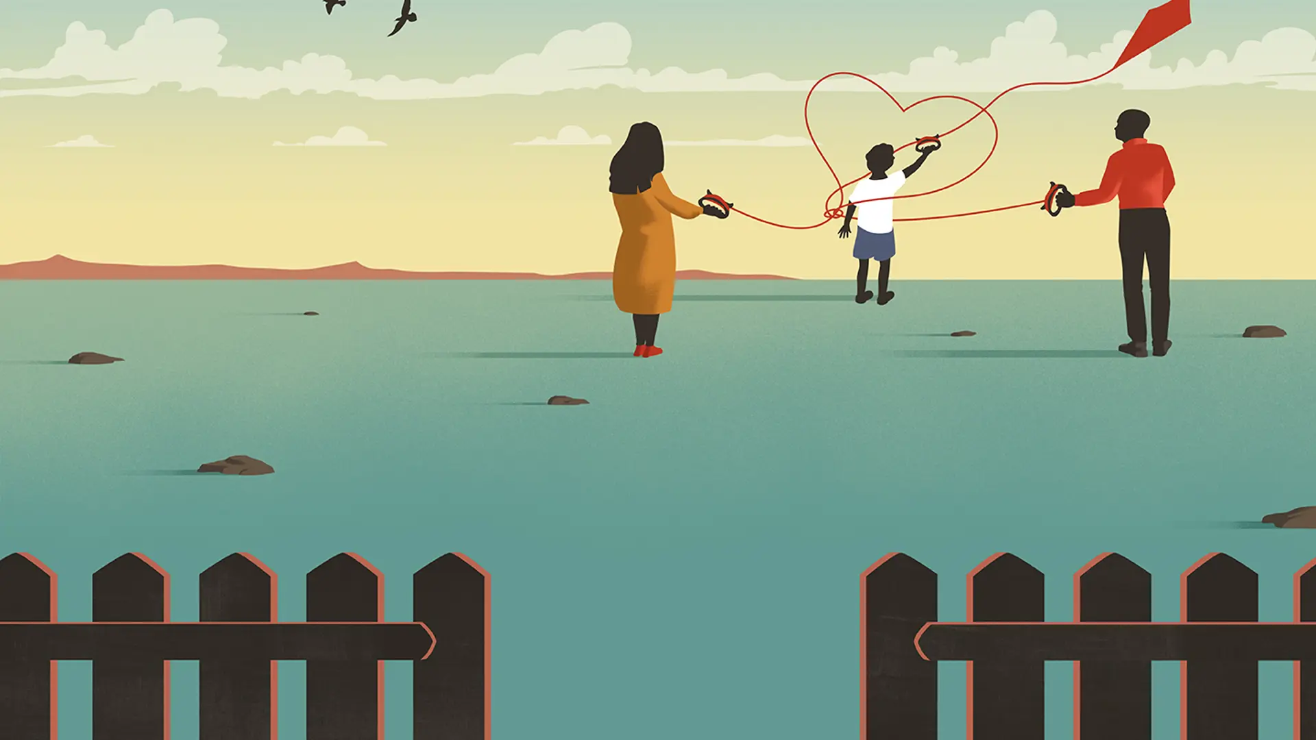 Illustration of parents playing with child
