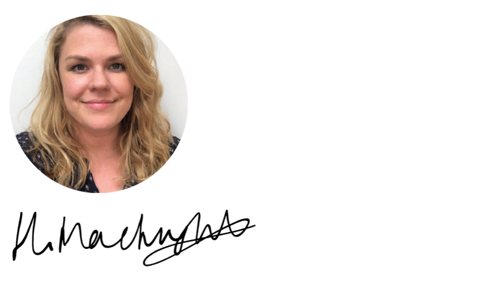 Shows a smiling woman with wavy blonde hair