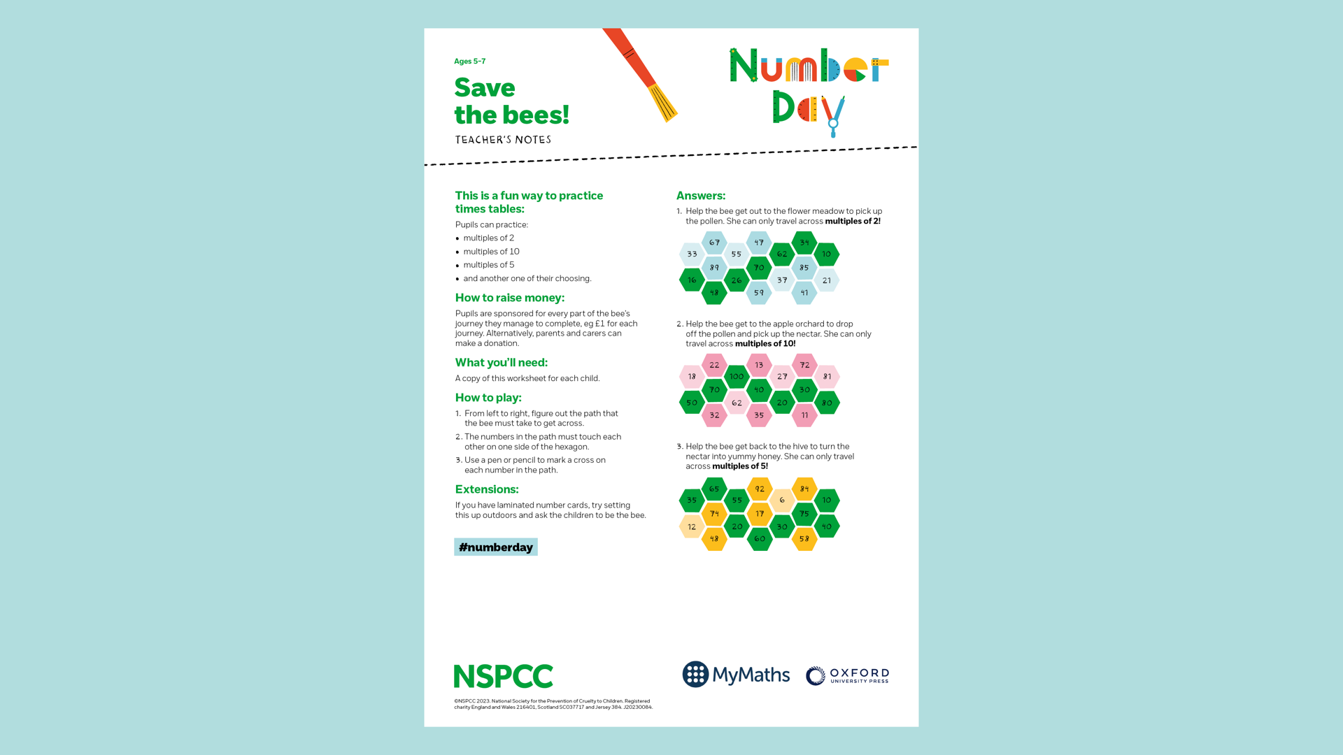 20230084 NSPCC Number Day 2023 Save The Bees Worksheet 5 7 CM V02