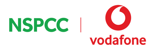 Graphic showing NSPCC logo on the left and Vodafone logo on the right